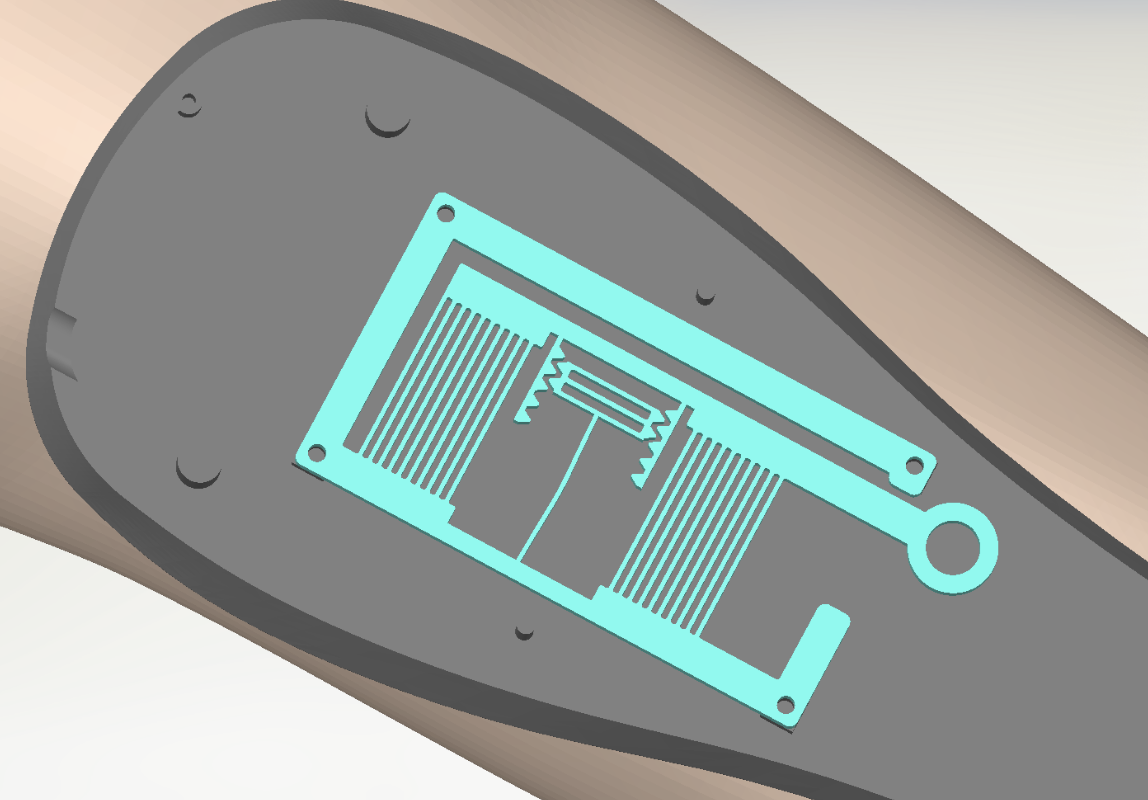 ArmAssist CAD close-up showing the compliant assist mechanism mounted on the forearm brace