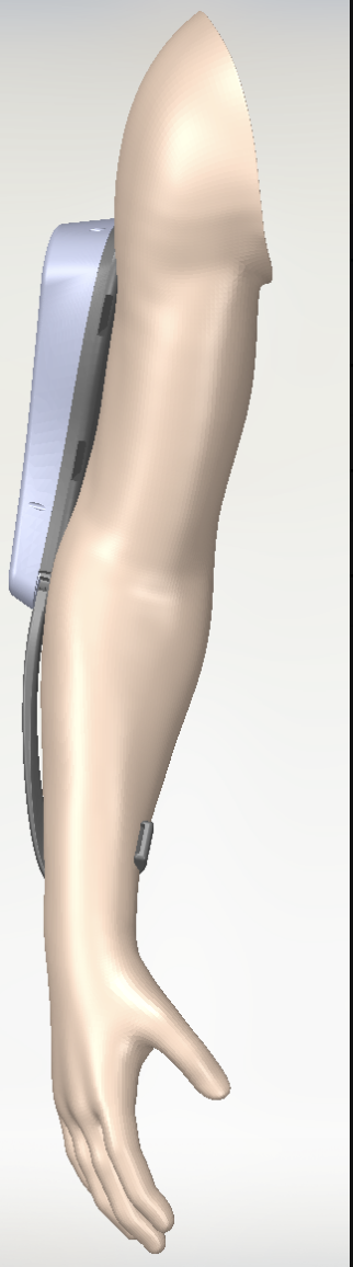 ArmAssist CAD side view showing the orthotic assembly along the arm