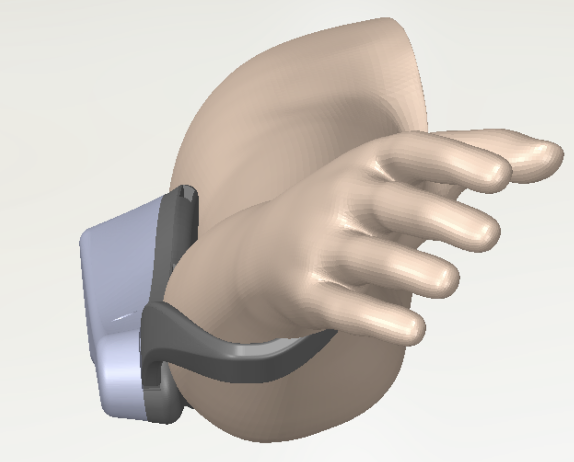 ArmAssist CAD front view showing the hand, arm brace, and support linkage