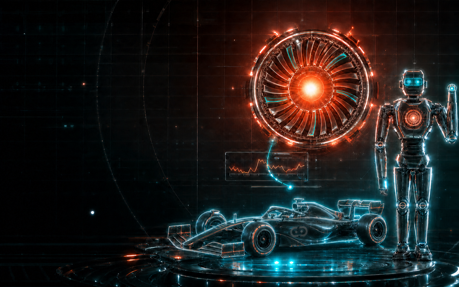 Futuristic engineering banner with a turbine, race car, and robot