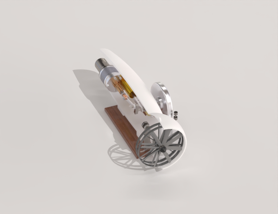 Stirling heat engine assembly, first isometric view
